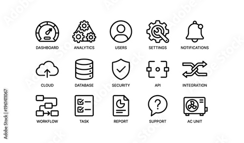 Set of 16 technology icons: dashboard, analytics, users, security, cloud, workflow
