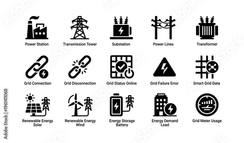 Energy infrastructure icons: power stations, grid connections, renewable energy sources