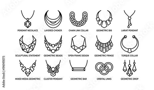 Diverse geometric pendant and necklace designs in line art style