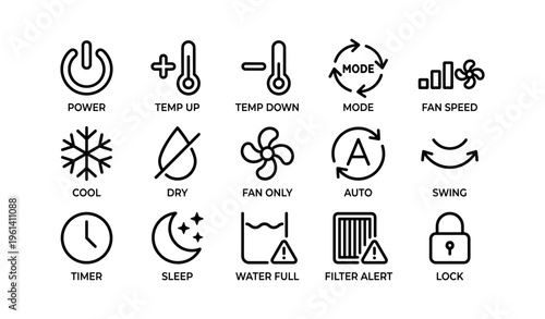 Air conditioner control icons: power, temperature, fan speed, mode, and more