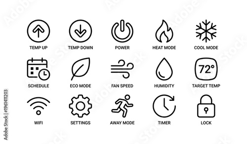 Set of 16 hvac icons including temp control and modes