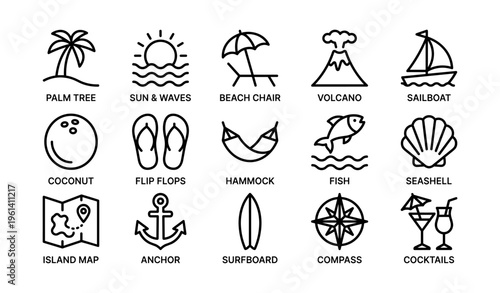 Tropical icons set: beach symbols including palm tree, sailboat, coconut, and volcano