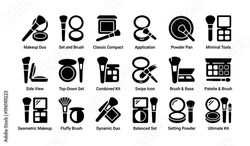 Minimalist makeup icon set with brushes, compacts, and powders in black silhouettes
