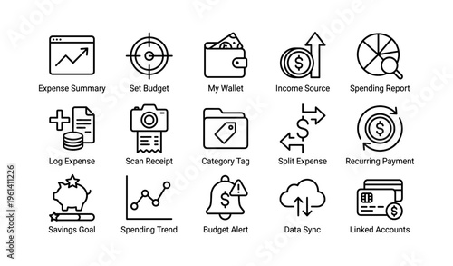 Financial management icons: expense summary, budget, wallet, income source