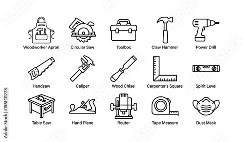 Woodworking tools icons: saw, hammer, drill, and more essential equipment