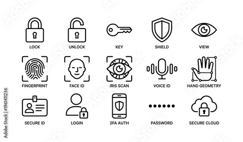 Security icons: lock, key, shield, biometric id, cloud, password, secure access symbols