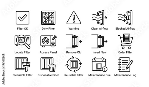 Air filter maintenance icons: warning, cleanable, insert, replace, log reminders