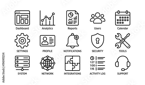 Dashboard interface icons: analytics, reports, users, security, tools, support