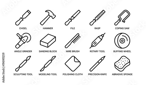 Set of 16 black line art tools for woodworking and metalworking