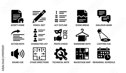 Theater production icons: script, wardrobe, lighting, sound, and stage management symbols
