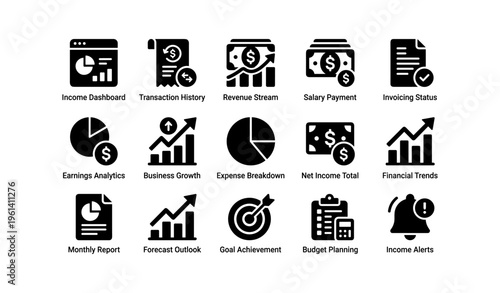 Financial dashboard icons representing income, revenue, budget, analytics, and growth metrics