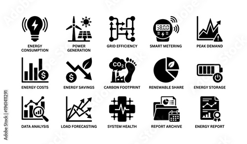 Energy management icons collection representing efficiency, renewable sources, and data analysis