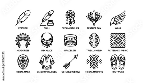 Native american symbols collection featuring feathers, jewelry, and tribal patterns