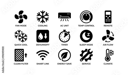Air conditioning icon set: functions and features for climate control