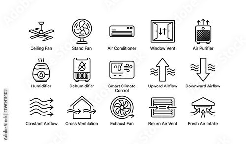 Home climate control icons: fan, air conditioner, ventilation, air purifier symbols