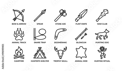 Primitive hunting tools and symbols: bow, axe, dog, campfire, ritual