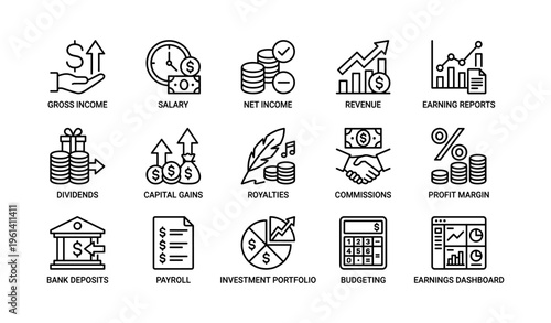 Financial icons representing income, investments, and budgeting with charts and graphs