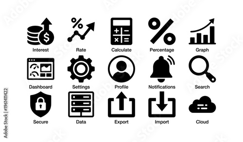 Set of finance and technology icons: interest, rate, graph, profile, cloud