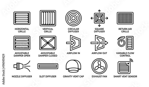 Hvac components and symbols: grilles, diffusers, airflow, sensors, dampers