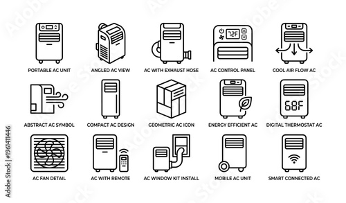 Diverse air conditioning unit designs and features illustrated