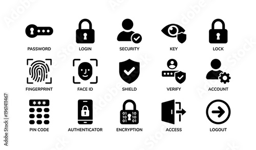 Security icons: password, login, fingerprint, encryption, access