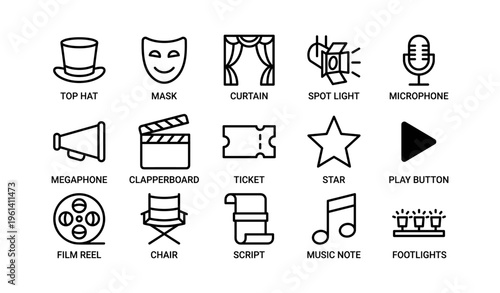 Theater icon set: top hat, mask, curtain, spotlight, microphone