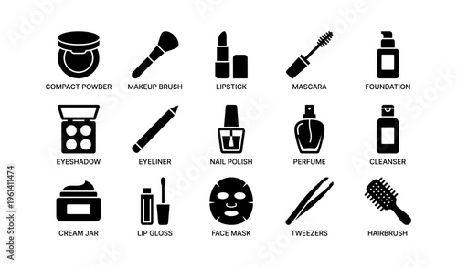Beauty essentials icons: makeup, skincare, cosmetics, tools, personal care collection
