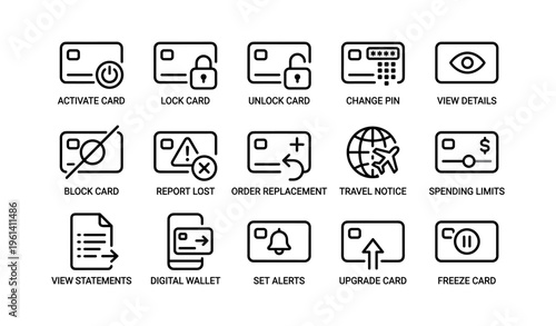 Credit card management icons for digital banking applications