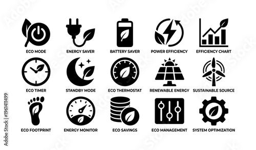 Eco mode icons: energy saver, battery, renewable energy, sustainability, efficiency