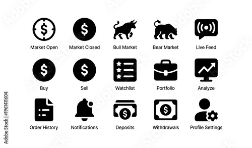 Financial market icons: bull bear live portfolio notifications