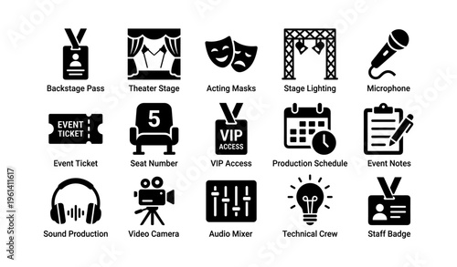 Theater essentials: backstage pass, stage lighting, acting masks, vip access