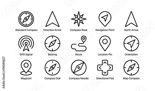 Icon set of navigation and compass symbols for maps and gps