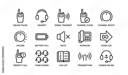 Communication icons: headset, signal, volume, mute, intercom, walkie-talkie, transmit, comms