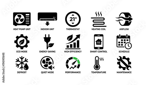 Heating and cooling system icons: thermostat, airflow, eco mode, smart control, efficiency