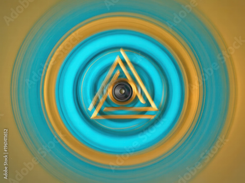 Spinning turquoise and gold mandala with central lens and triangles