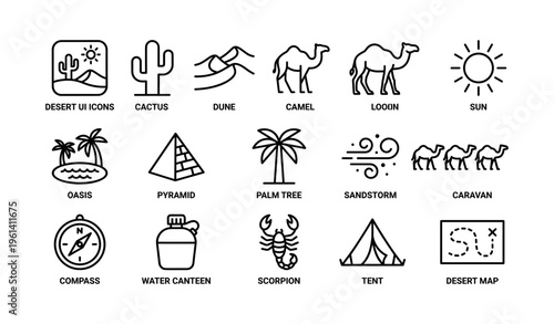 Desert icons: cactus, camel, palm tree, pyramid, sun