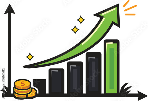 Upward Growth Bar Chart with Financial Success Icons, Vector Illustration