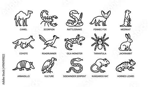 Wildlife icons: desert animals including camel, scorpion, rattlesnake, and more