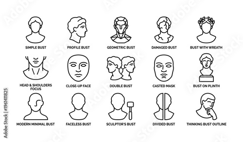 Collection of minimal bust outline icons featuring diverse styles and features