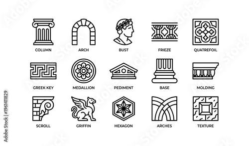 Architectural line icons: columns, busts, friezes, and more