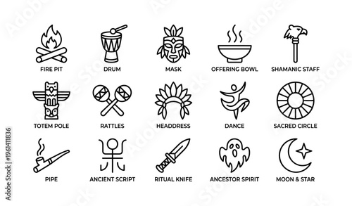 Tribal icon set: fire pit, drum, mask, ritual tools, totem pole, moon and star
