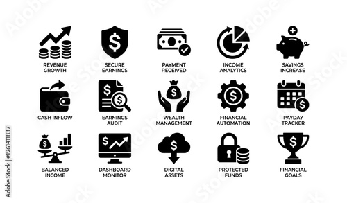 Financial icons set: revenue growth, income analytics, secure earnings, wealth management, savings increase
