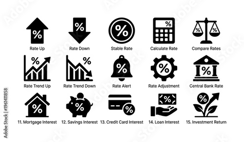 Financial symbols: rate changes, calculations, and investment indicators