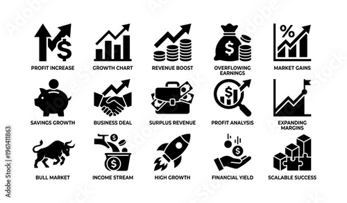 Financial symbols depicting revenue growth and market success