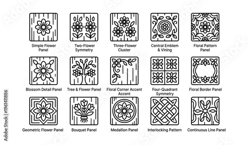 Intricate floral pattern panels with symmetrical designs and accents