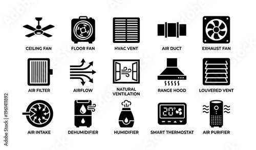 Home ventilation and air quality systems icons set with fans and filters