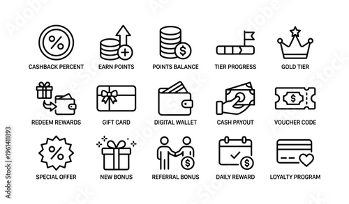 Cashback icons for rewards: points, wallet, tiers, bonuses, offers