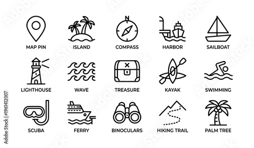 Nautical adventure icons: map pin, island, compass, and more