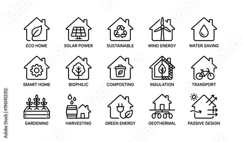 Eco home icons: solar, sustainability, wind, water, smart, biophilic, energy efficient design
