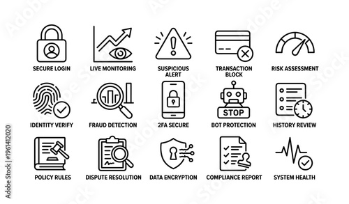 Cybersecurity icons set featuring secure login and data encryption symbols for risk assessment